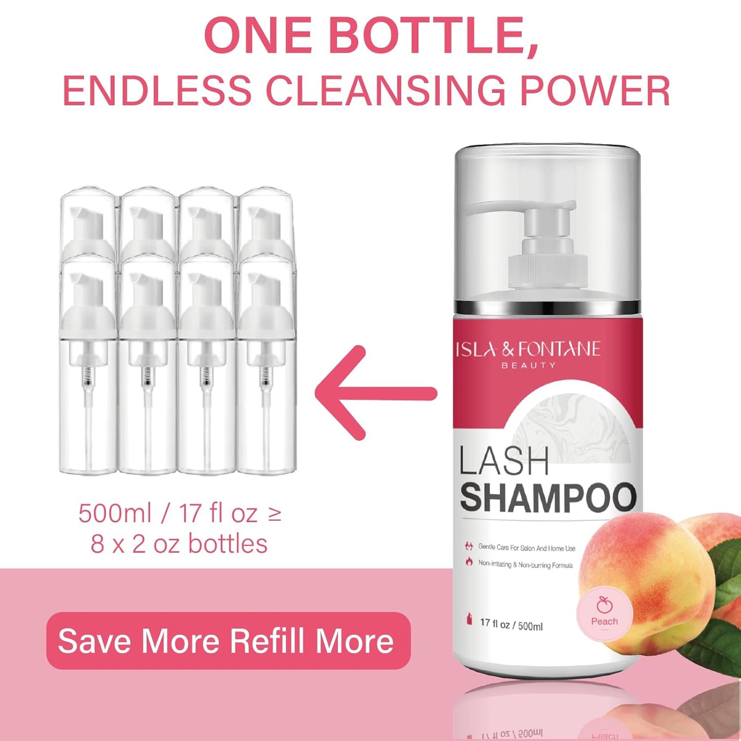 ISLA & FONTANE Lash Shampoo Bulk – Multi-Scent Series – 17 fl oz / 500ml | Gentle Eyelash Cleanser for Lash Extensions | Non-Irritating | Professional Lash Bath Foam For Salon And Home Use (Peach)-BrightBean Baby