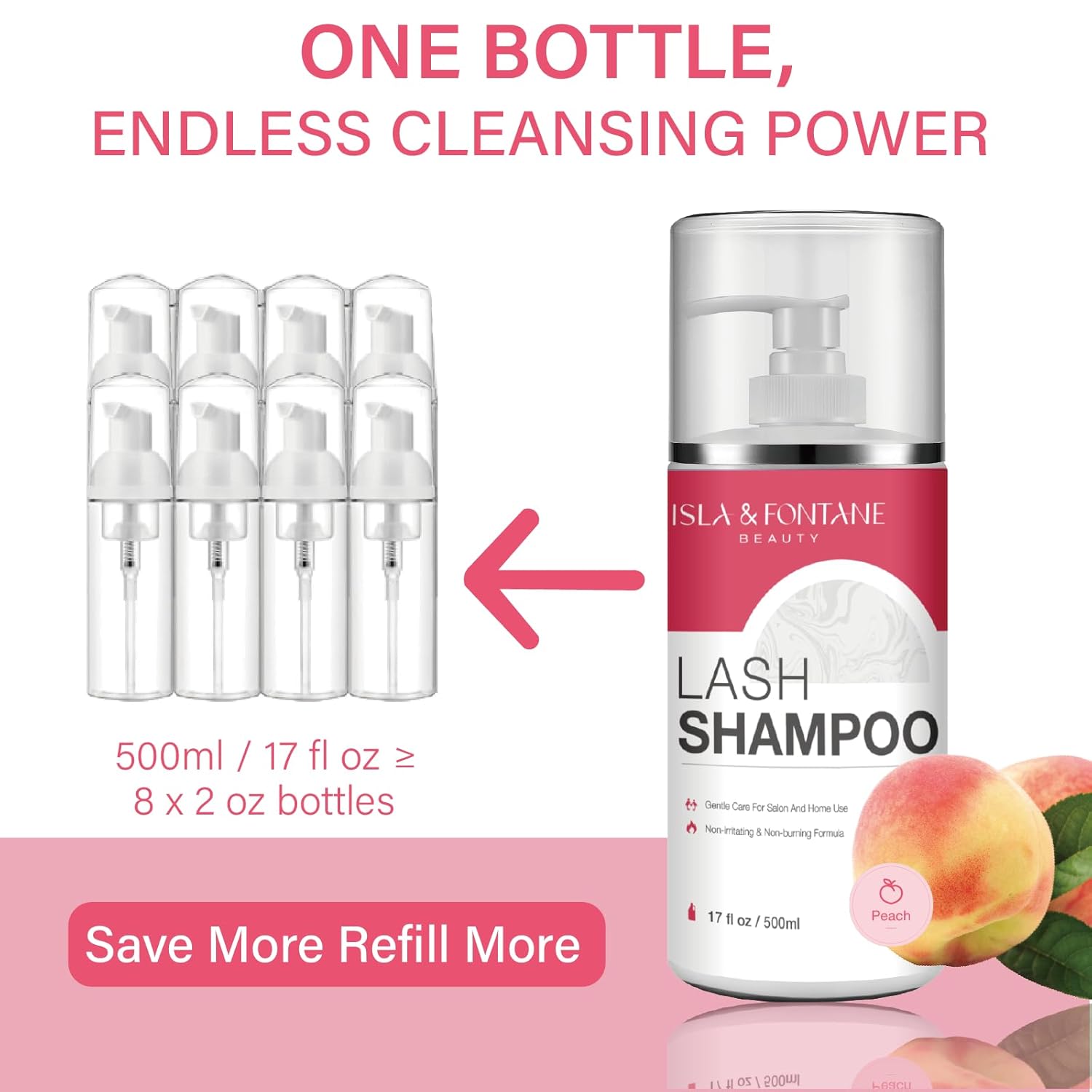 ISLA & FONTANE Lash Shampoo Bulk – Multi-Scent Series – 17 fl oz / 500ml | Gentle Eyelash Cleanser for Lash Extensions | Non-Irritating | Professional Lash Bath Foam For Salon And Home Use (Peach)-BrightBean Baby