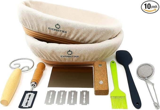 Banneton Proofing Basket Set – 10-Piece Sourdough Kit with Oval & Round Baskets, Dough Whisk, Lame, Scraper, Brush & Linen Liners – Artisan Baking Supplies for Home Bakers