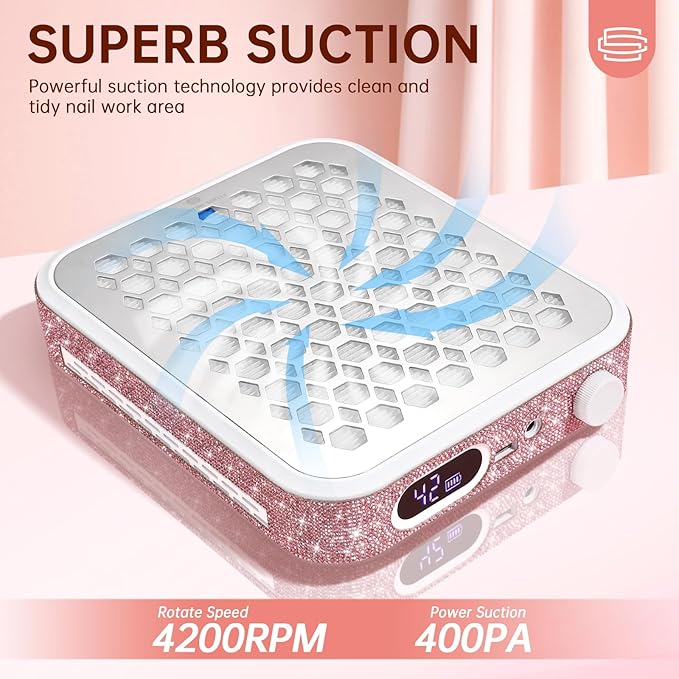 Nail Dust Collector, Rechargeable Dust Collector Nail Tech, Powerful Vacuum Fan Vent Dust Collector Extractor Dust Suction Machine for Acrylic Nails Polishing, Nail Salon&Home, Pink-BrightBean Baby