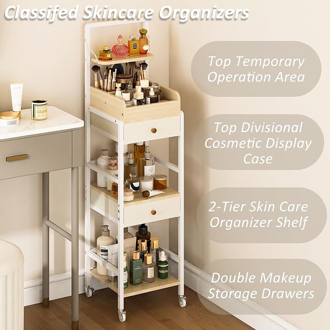 Wisdom Star Makeup Organizer Cart with 2 Drawers, Floor Skincare Organizers, Makeup Storage, Vanity Organizer, Cosmetics Display, Versatile Skin care Perfume Nail Polish Storage Rack for Bathroom-BrightBean Baby