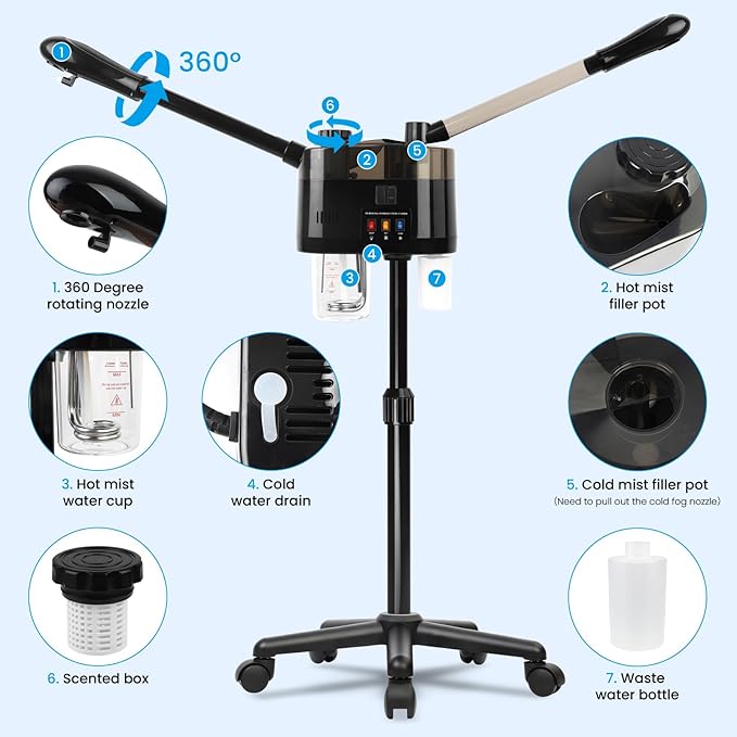Professional Facial Steamer, Hot&Cold Mist Facial Steamer, Facial Humidifier on Wheels, Esthetician Steamer for Facial Deep Cleaning and Moisturize, Suitable for Spa, Salon and at Home Use-BrightBean Baby