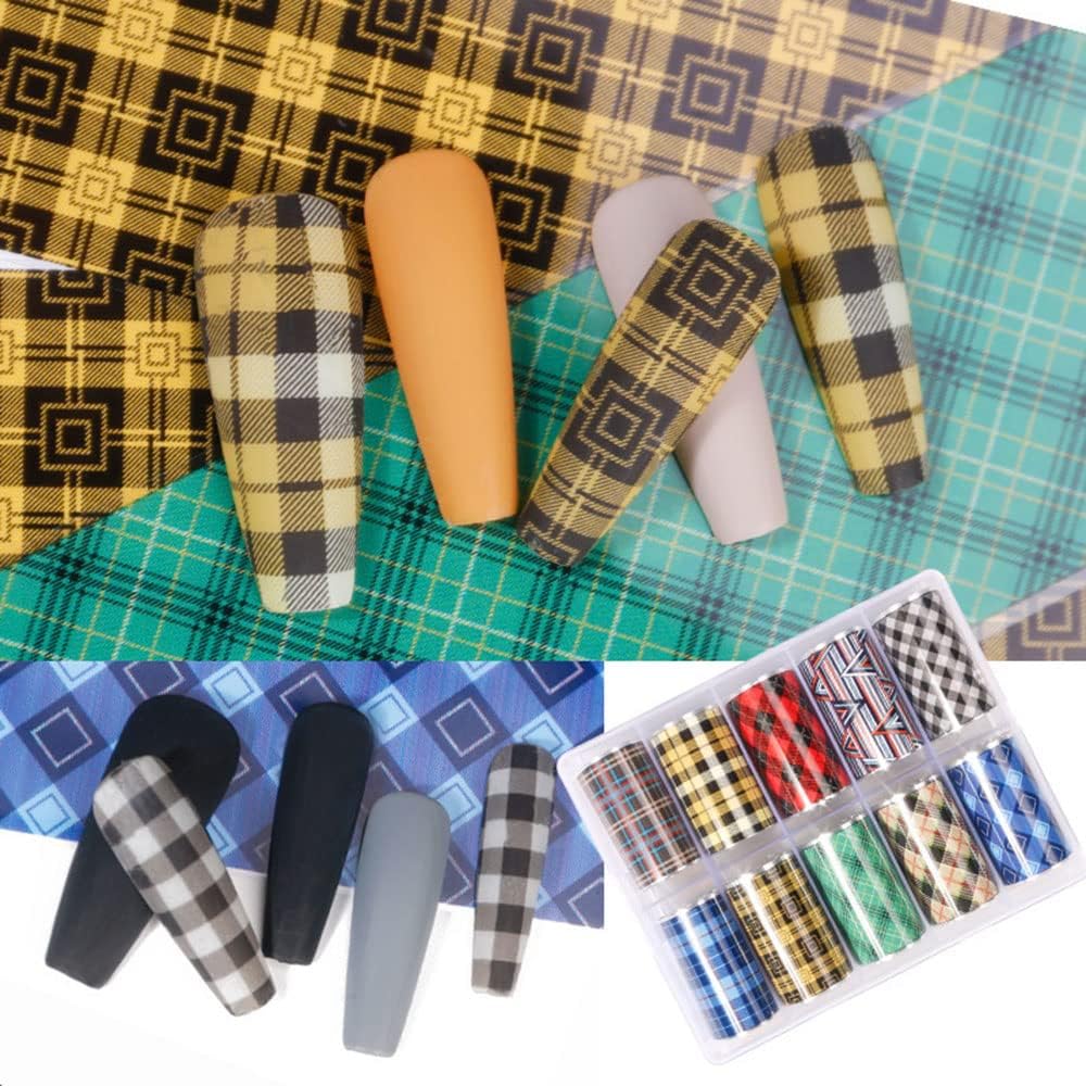 10 Colors Buffalo Plaid Nail Art Foils Christmas Nail Transfer Stickers Supplies Buffalo Plaid Design Nail Decal Tips Wraps Adhesive Glitters Acrylic DIY Nail Decoration-BrightBean Baby
