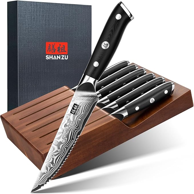 SHAN ZU Steak Knife of 7, 4.5 Inch Damascus Steak Knife Set with Block, Japanese High Carbon Steel Kitchen Serrated Knives Set with Ergonomic G10 Handle and Gift Box