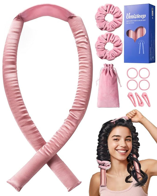 Umisleep 22 Momme 100% Mulberry Silk Heatless Hair Curler Set — Frizz-Free Hair Rollers for Women Long Hair, Overnight Heatless Curls, Upgraded Soft Flat Design with Clips & Scrunchies, Pink-BrightBean Baby