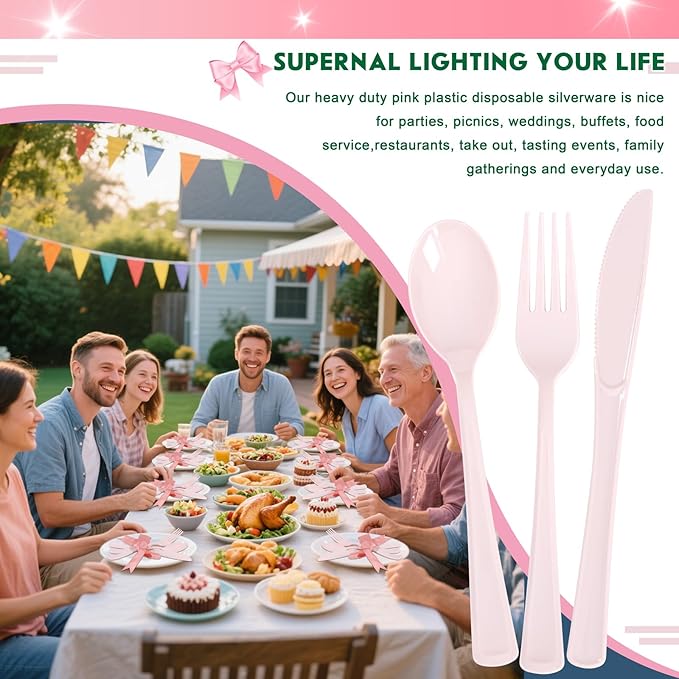 Supernal 300 Pieces Pink Plastic Silverware Heavy Duty Disposable Silverware Pink Utensils Disposable Cutlery Set 100 Forks 100 Knives 100 Spoons for Wedding Party Supplies Everyday Use