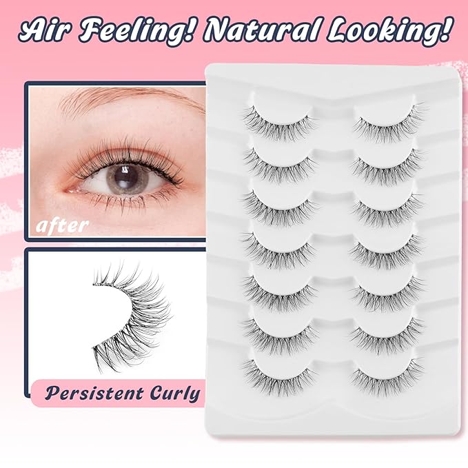 Natural Lashes False Eyelashes 12 MM Short Lashes WIspy 3D Volume Fake Eyelashes Pack C Curl Soft Eye Lash with Thin Cotton Band 7 Pair False Lashes Siligli-BrightBean Baby