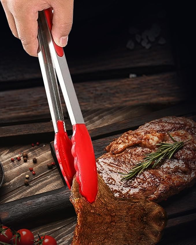 Red Stainless Steel Tongs Heat Resistant Kitchen Tongs Set - 9" & 12" Inch, BBQ Tongs with Silicone Tip, Strong Grip for Cooking, Salad Tossing, Air Fryer, & Grill Tongs- Pull Lock, Red - Set of 2