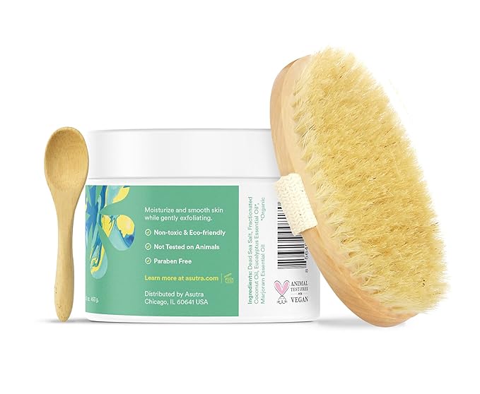 ASUTRA Dead Sea Salt Essential Oil Body Scrub Exfoliator and Dry Brush Bundle (Invigorating Eucalyptus), 16 oz - Ultra Hydrating, Gentle, & Moisturizing - Coconut, Eucalyptus, and Marjoram Oils-BrightBean Baby