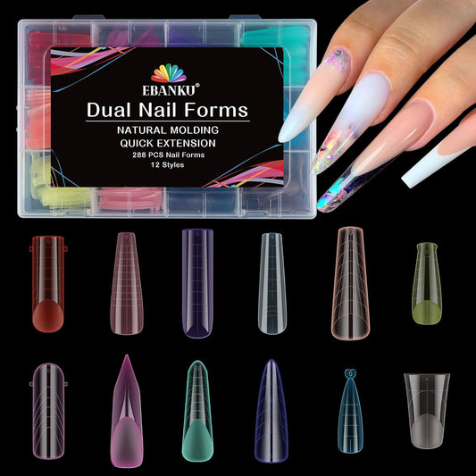 EBANKU Dual Forms for Poly Nail Gel, 288PCS 12 Colors Dual Nail Forms Extension Molds Stiletto Coffin Square Acrylic Nail Tips 12 Shapes for Builder Gel Manicure Nail Art Design Salon DIY at Home-BrightBean Baby