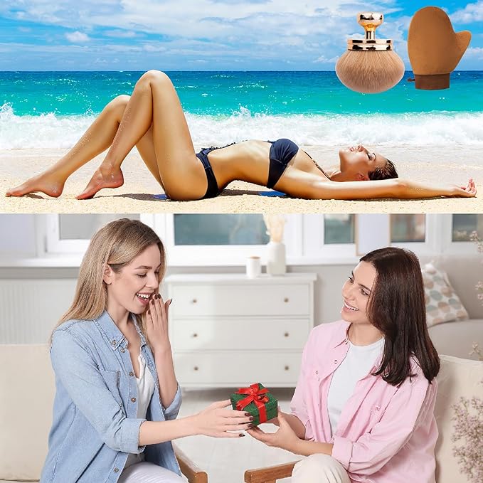 Self Tanning Brushes- Blend & Blur Extra Large Body Makeup Brush & Tanning Mitt, 2 Pcs, Kabuki Body Brush Applicator for Tan, Foundation, Self Tanner Glove for Application, Mousse, Lotion (Rose Gold)-BrightBean Baby