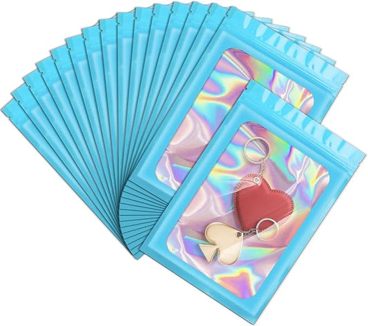 ANZNKU 100 Pcs Smell Proof Mylar Resealable Bags, Holographic Packaging Bags, Resealable Odor Foil Pouch Zip Bag with Clear Window for Food Storage and Lipgloss, Jewelry Lash (Blue, 3.9 x 7.1 Inch)-BrightBean Baby