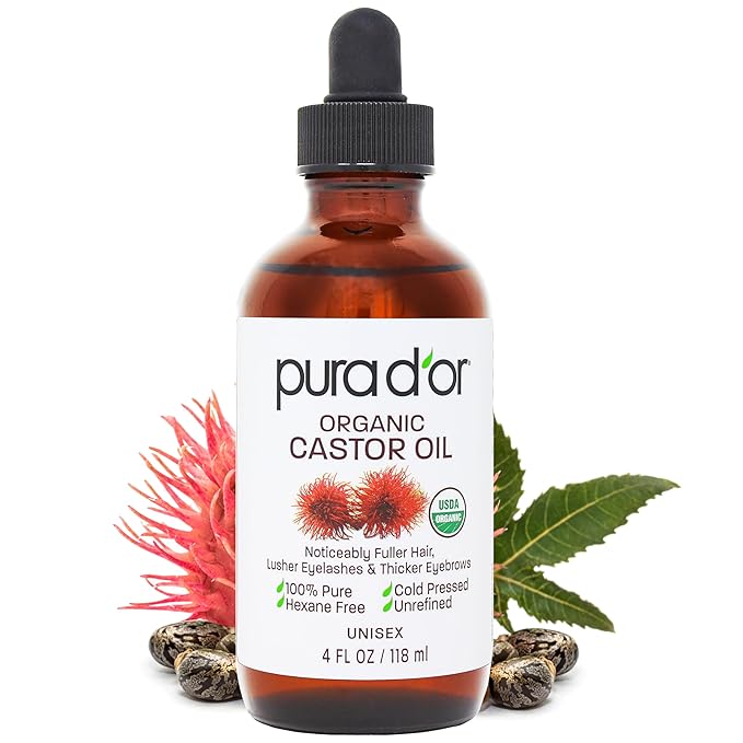 PURA D'OR 4 Oz ORGANIC Castor Oil - 100% Pure USDA Certified Cold Pressed, Hexane Free Eyelash & Eyebrow Serum - For Fuller, Thicker Lashes & Brows - Skin & Hair-BrightBean Baby