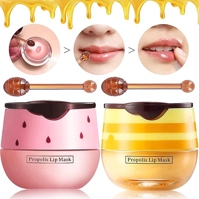 2 Pack Bee Lip Balm Honey Pot, Honey & Strawberry Lip Mask Propolis Lip Mask Moisturizing Hydrating Prevention Dry and Cracked Lip Scrubs Exfoliator (Honey+Strawberry)-BrightBean Baby
