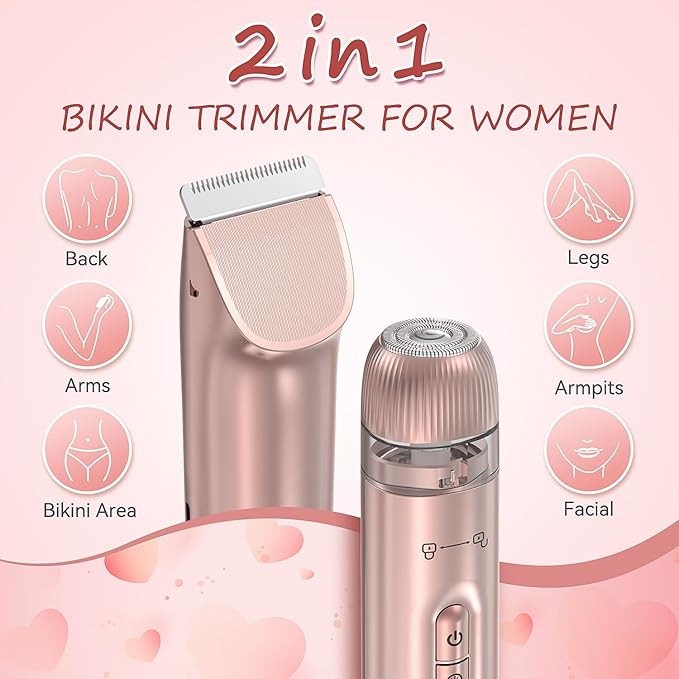 Bikini Trimmer for Women - 2 in 1 Electric Body Hair Trimmer for Silky Skin, Cordless Body Shaver for Travel, IPX7 Waterproof & Easy to Clean, Replaceable Ceramic Blade Heads, Rose Gold-BrightBean Baby