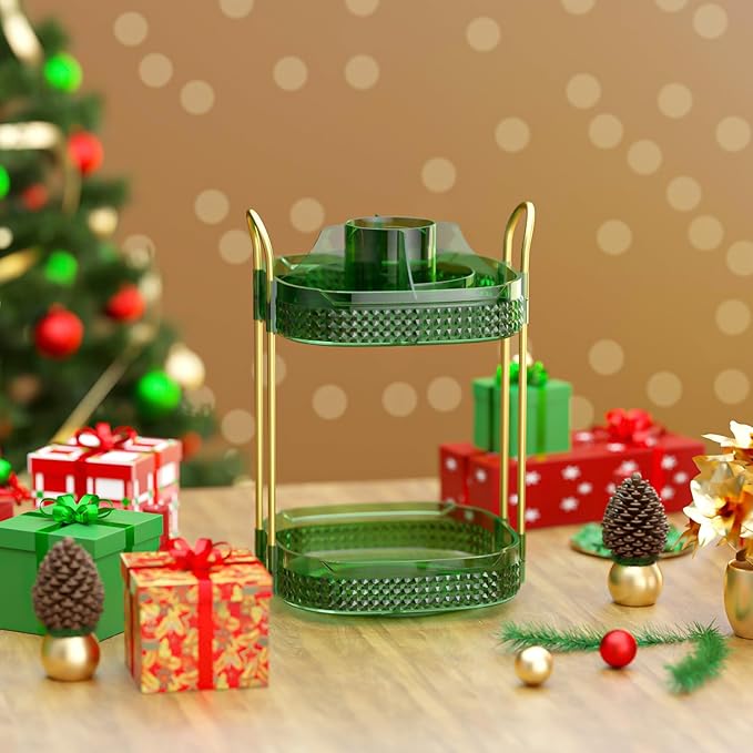 Awenia Rotating Makeup Organizer 360, Stackable Adjustable Large Capacity Cosmetic Storage Unit,Dresser Bathroom Kitchen Countertop Organizer with Metal Handle, Plus Size (Gem Green, 2 Tier)-BrightBean Baby