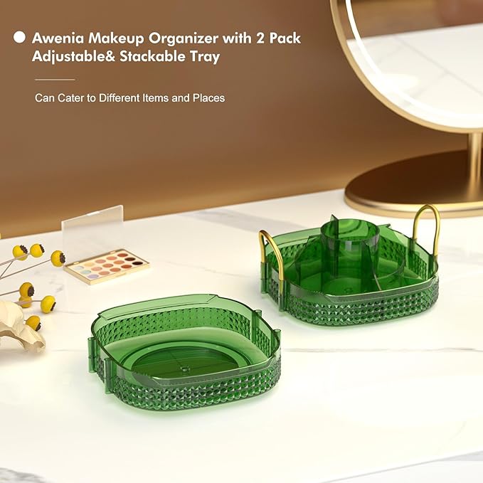 Awenia Rotating Makeup Organizer 360, Stackable Adjustable Large Capacity Cosmetic Storage Unit,Dresser Bathroom Kitchen Countertop Organizer with Metal Handle, Plus Size (Gem Green, 2 Tier)-BrightBean Baby