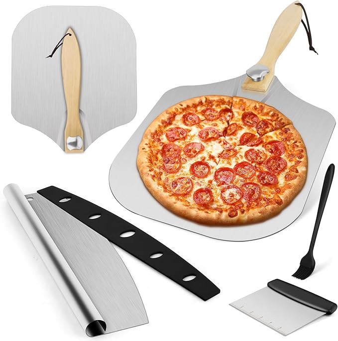 Pizza Peel, 12" x 14" Pizza Spatula for Oven, Aluminum Pizza Paddle with Cutter Scraper Pastry Brush, Pizza Peels Oven Accessories for Baking Homemade Pizza Dough Bread
