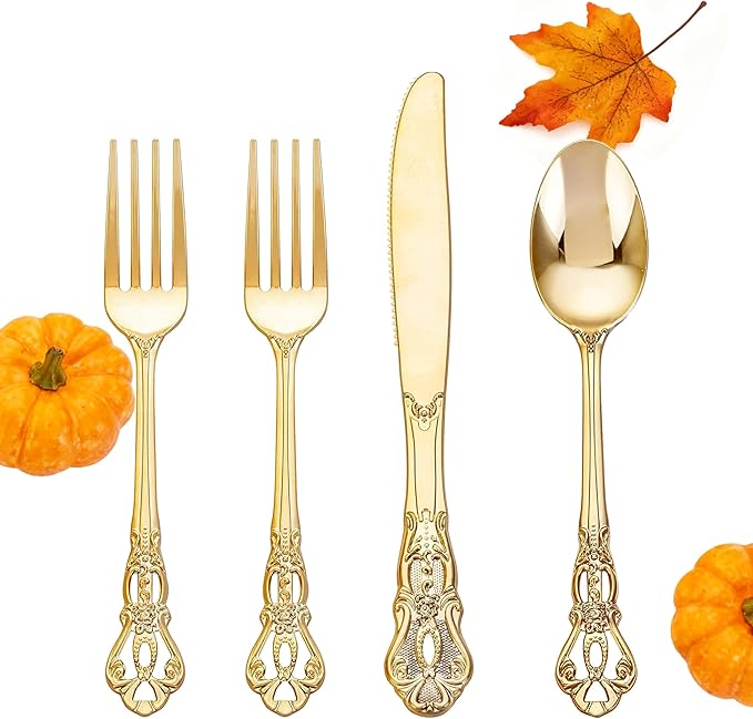 200PCS Gold Plastic Silverware - Heavy Duty Elegant Disposable Utensils - Gold Plastic Cutlery Set Includes 100Forks, 50Spoons, 50Knives for Dinner, Parties, Weddings