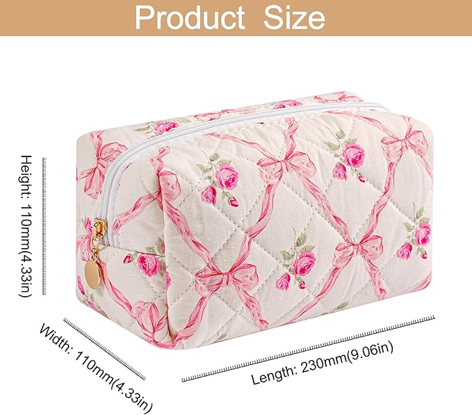 Makeup Bag Travel Cosmetic Bag for Women Girls, Zipper Make Up Pouch, Floral Flowers Toiletry Organizer Makeup, Portable Storage Bag, Cosmetic Travel Cloth Bag (2 Pack (L+S)/Pink Bowknot)-BrightBean Baby