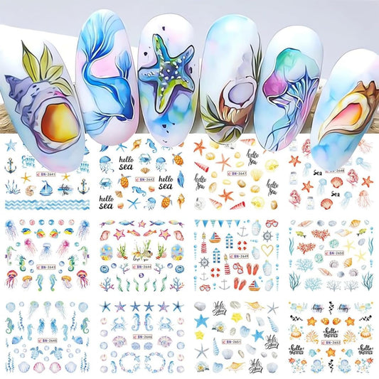 Summer Nail Art Stickers 12 Sheets Seashell Starfish Water Transfer Foils Decals Jellyfish Shells Sea Turtles Seahorses Design Acrylic Ocean Theme Supplies for Women DIY Decor-BrightBean Baby