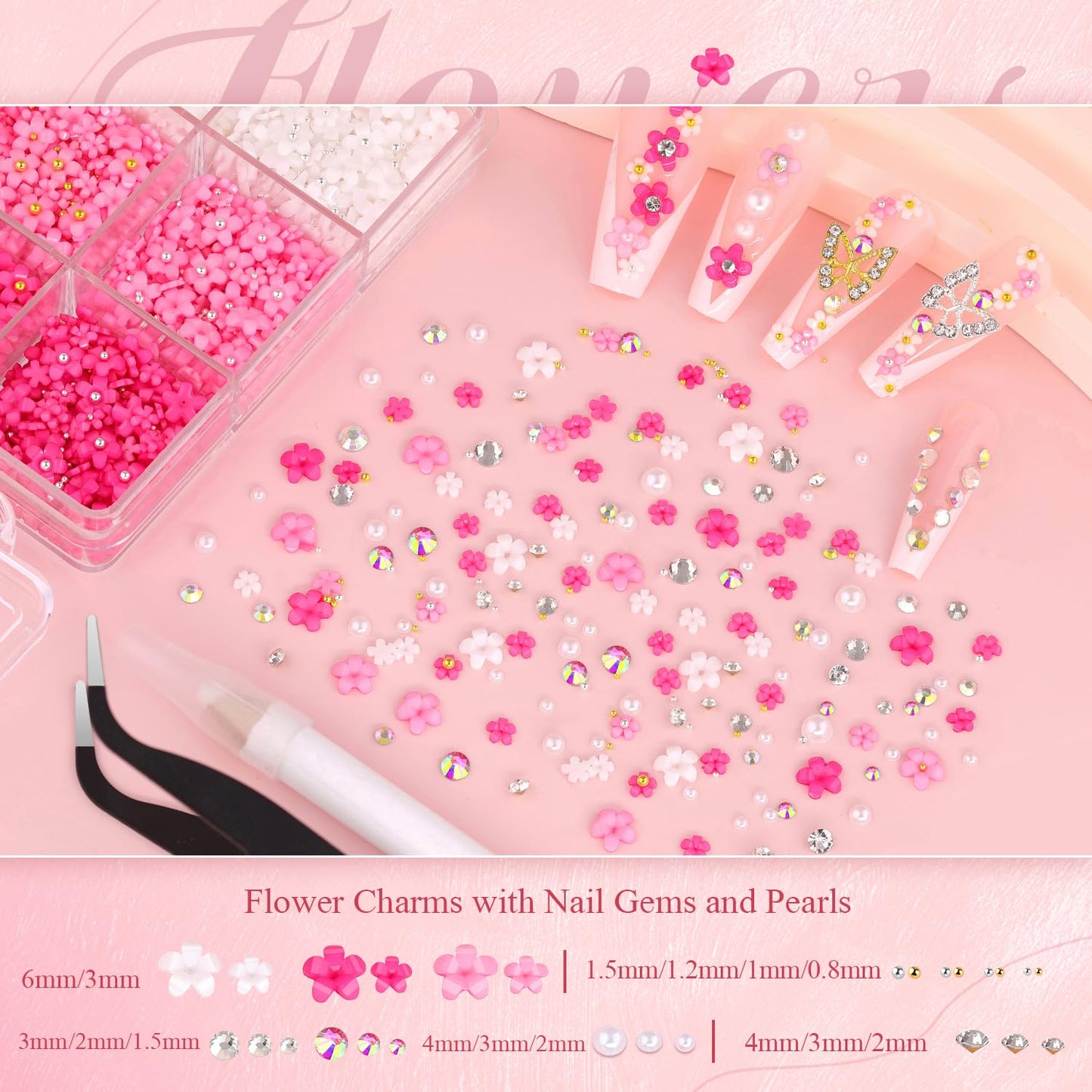 3D Nail Charms and Gems Set 1, 20PCS Gold and Silver Chunky Butterfly Charms With Rhinestones, 3D Flowers, Flatback Crystals, Pearls, Diamonds + Picker Tool for Y2K Nail Decoration-BrightBean Baby