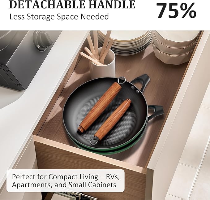 YUTANN 12 Inch Cast Iron Skillet,Pre-Seasoned Large Nonstick Enameled Frying Pan, PFOA&PFAS-Free, Detachable Scald-resistant Wooden Handle, Easy to Clean,Stovetop and oven compatible