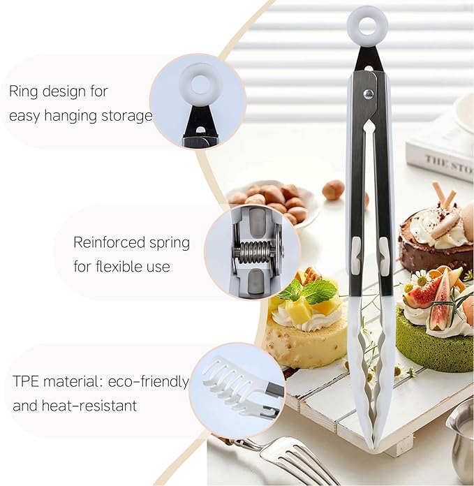 Kitchen Tongs,Set Of 3 Tongs with Silicone Tip for Cooking 9/12 Inch Stainless Steel Kitchen Tong for Meat,Food Grill,Salad,BBQ,Frying,Serving,Dishwasher (white, 12inch)