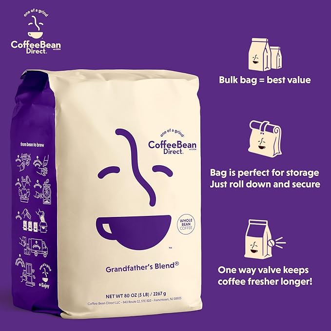 Coffee Bean Direct Grandfather's Blend®, Whole Bean Coffee, Mixed Roast Level, 5 Pound Bag (Pack of 1)
