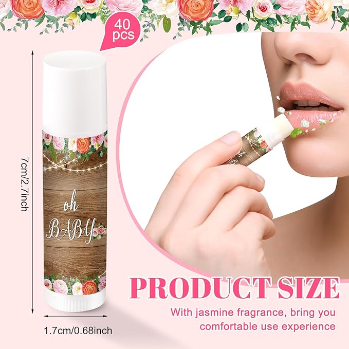 40 Pieces Lip Balm Bulk Baby Shower Jasmine Lip Balm Favors Floral Moisturizing Lip Balm for Women Children Men Girl kids Gender Reveal Favors Gift Baskets (Floral)-BrightBean Baby