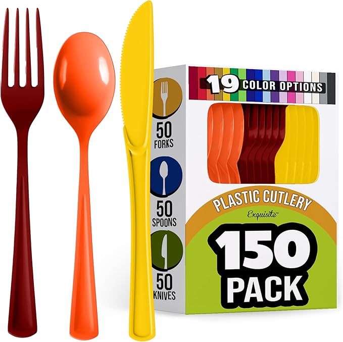 Party Solids Thanksgiving Plastic Cutlery Set - 150 Pieces