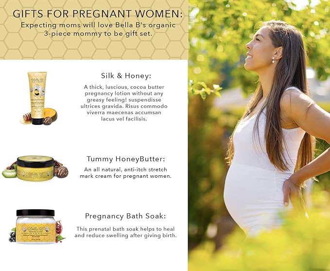 BELLA B 3-Piece Gift Set - Pregnancy Gifts For First Time Moms - Pregnant Mom Gifts - Mom To Be Gifts - Pregnancy Gift Basket - Sitz Bath Soak - Honey Tummy Butter - Silk And Honey Moisturizing Cream-BrightBean Baby
