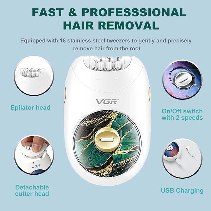 VGR 706 Professional Epilator for Women,Portable Cordless Smooth Glide Hair Removal Device for Legs, Underarm, Back,Full-Body Epilator with 18 Tweezers System, 2 Speeds Hair Removal with Silent Design-BrightBean Baby