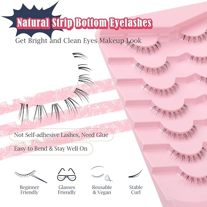 Lashes Natural Bottom Lashes 8mm Lower False Eyelashes Natural Look Strip Lashes Extention Wispy Bottom Eyelashes Fake Lashes Pack 7 Pairs-BrightBean Baby
