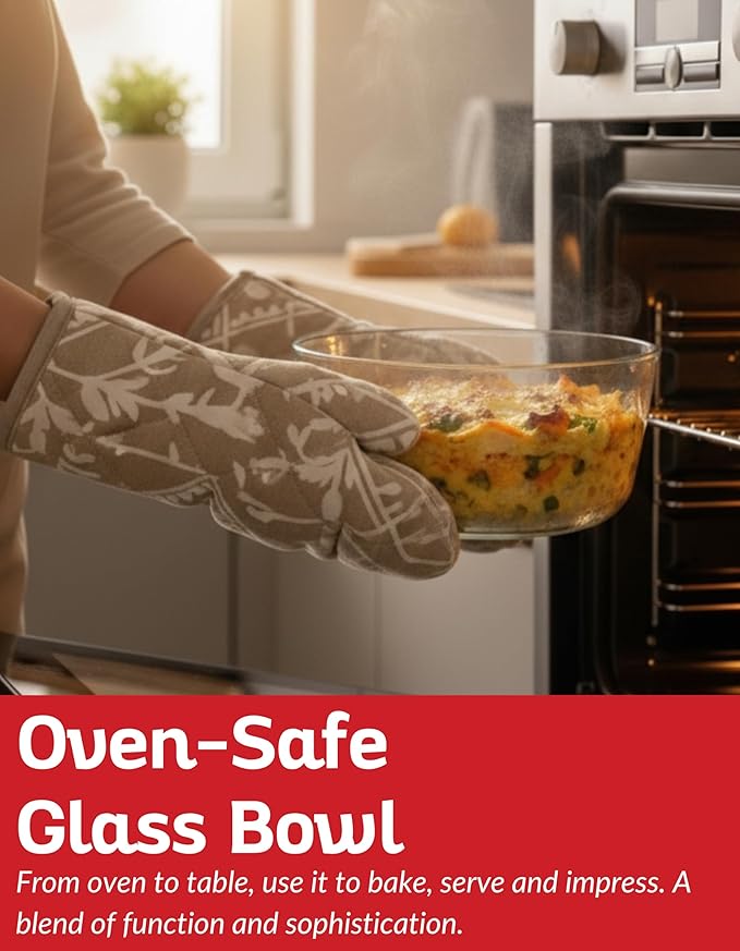 Large Glass Salad Bowl Set with Acacia Wood Serving Spoon & Fork – 11 Inch Salad Mixing & Serving Bowl for Pasta, Fruits, Veggies, Kitchen Tableware & Dinner Table Centerpiece