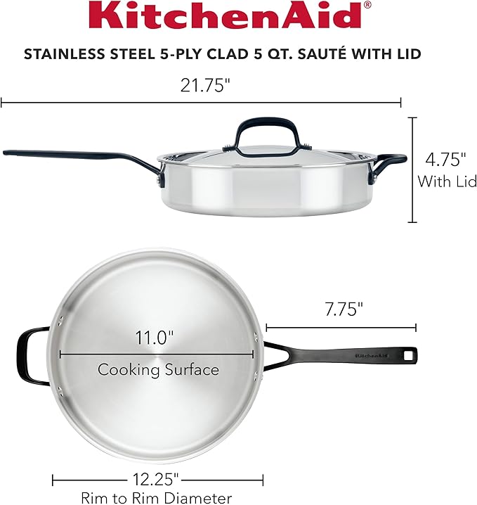 KitchenAid 5-Ply Stainless Steel Saute Pan with Lid 5 Quart