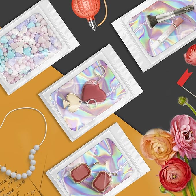 100 Pack Holographic Bags, Smell Proof Packaging Bags, Clear Window Resealable Odor Foil Pouch Mylar Bag for Food Storage and Lipgloss, Jewelry Lash (White, 3 x 4.7 Inch)-BrightBean Baby