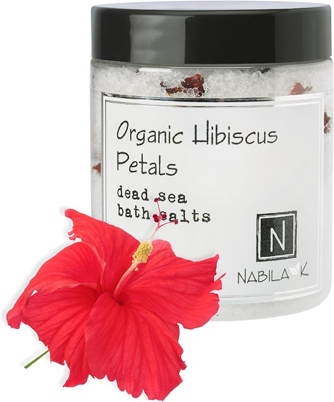Organic Hibiscus Petals Bath Salts by Nabila K - Dead Sea Salt & Epsom Salt Scrub & Soak - Exfoliates & Hydrates Skin, Botanical Essential Oils - Bubble Bath Accessories for All Skins Types, 8 oz-BrightBean Baby