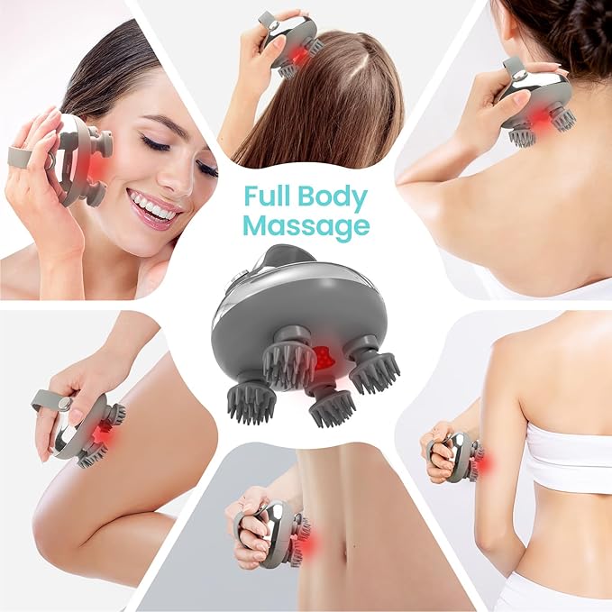 Portable Electric Scalp Massager - Rechargeable IPX7 Waterproof Heated Scalp Massager w/ 100 Kneading Nodes, 3 Speed Modes, 2 Massage Styles, 8 Claws for Scalp/Body Massage & Face Cleaning (Silver）-BrightBean Baby