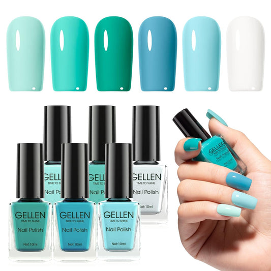 GELLEN Teal Regular Nail Polish Non Gel, Fast Air Drying Mint Turquoise Nail Polish No UV Light Needed Spring Summer 6 Colors Blue Green Set for Women Girls Manicure Home Salon, Hema Free, 0.33 Fl.Oz-BrightBean Baby