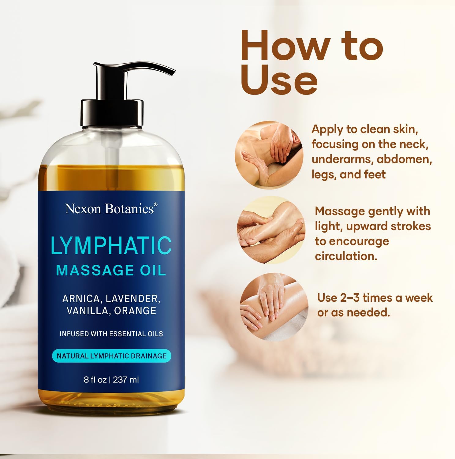 Lymphatic Drainage Massage Oil for Massage Therapy 8 fl oz - Refreshing and Relaxing - Natural Oils with Arnica, Vanilla and Lavender Oil - for Men and Women - Nexon Botanics-BrightBean Baby