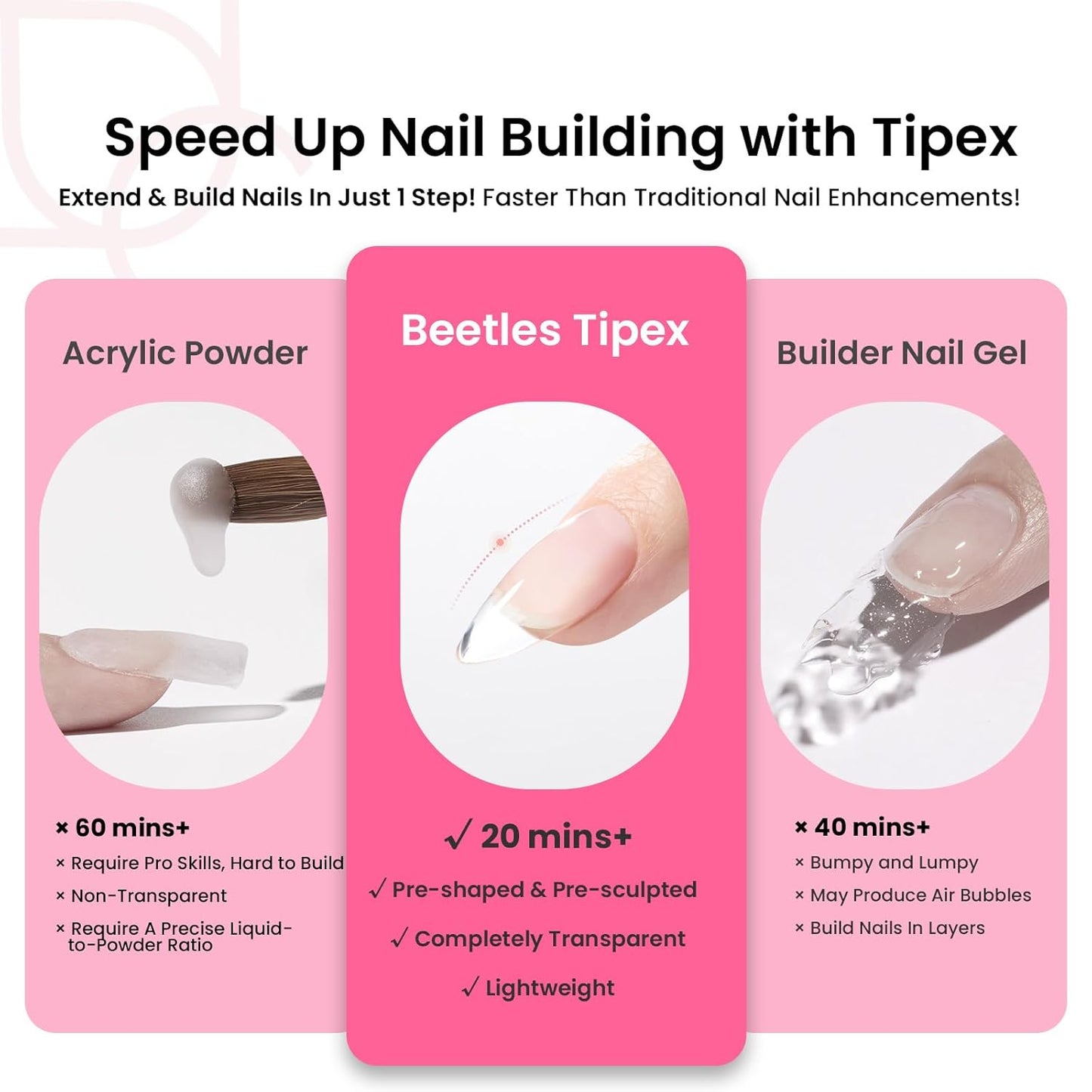 Beetles Tipex Instant Apex Nail Tips Kit, Medium Oval Almond 224Pcs 16 Sizes Pre-Building & Pre-Etched Thicker Acrylic Nails False Nail Extension with Tipex Nail Glue Mini Nail Lamp-BrightBean Baby