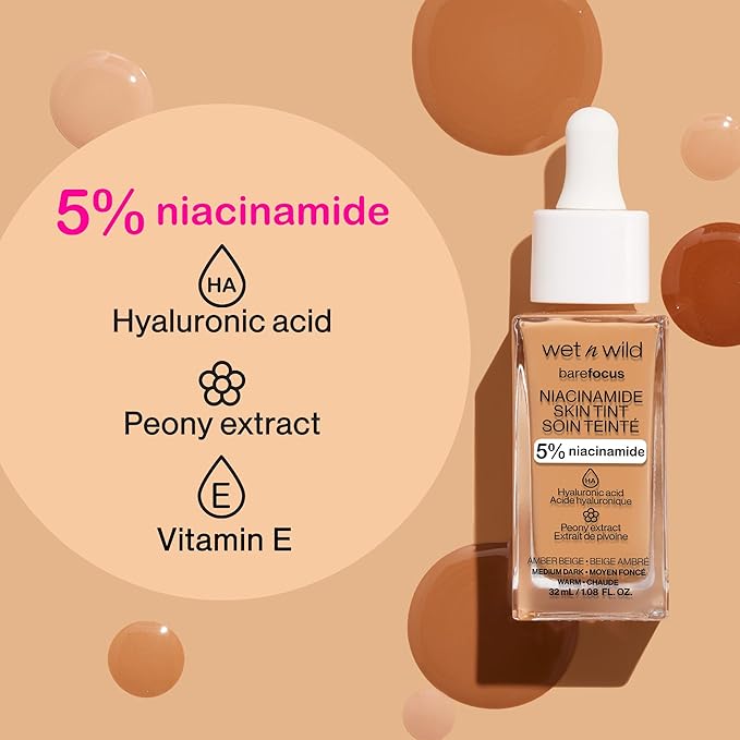 wet n wild Bare Focus Skin Tint, 5% Niacinamide Enriched, Buildable Sheer Lightweight Coverage, Natural Radiant Finish, Hyaluronic & Vitamin Hydration Boost, Cruelty-Free & Vegan - Soft Ivory-BrightBean Baby
