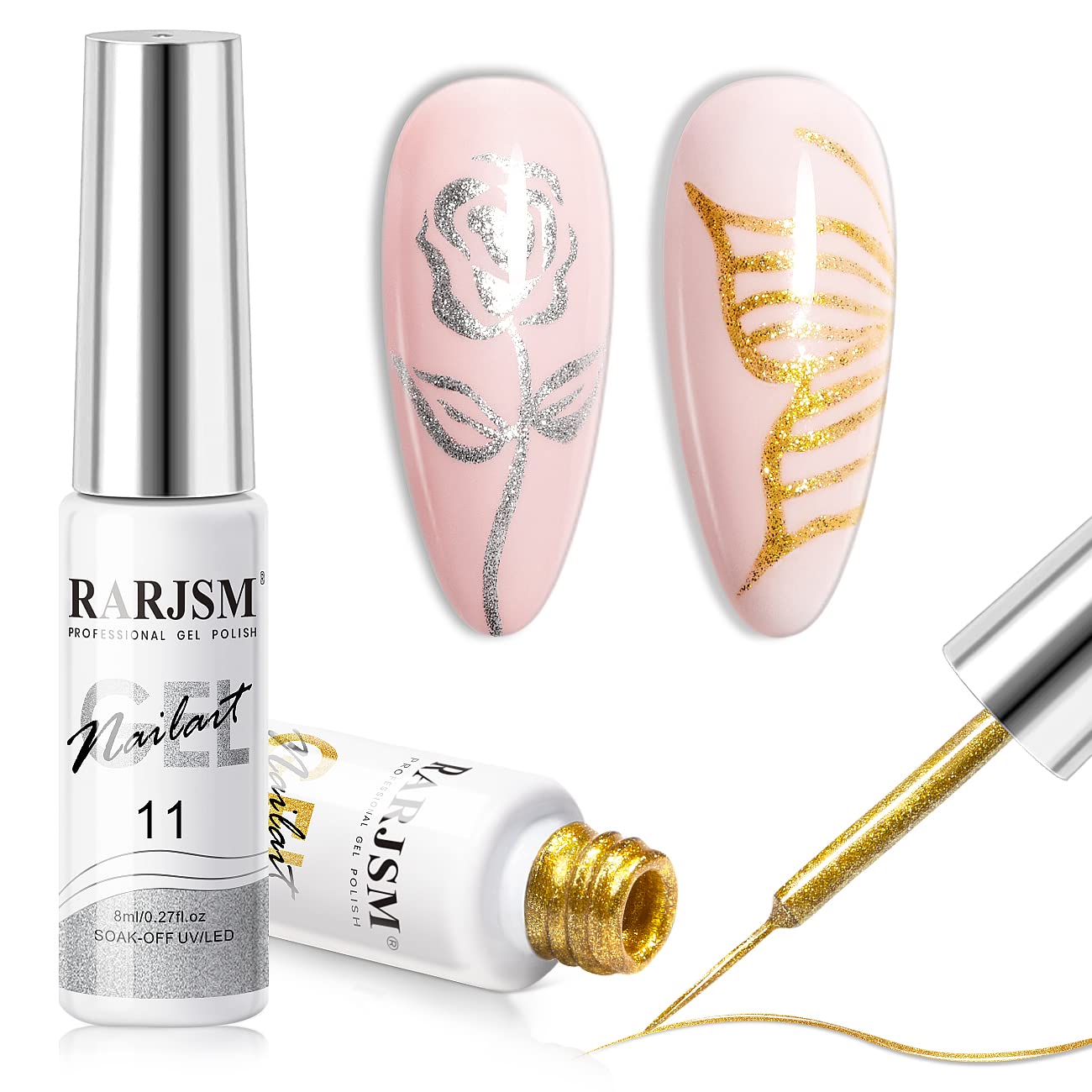 RARJSM Gel Liner Nail Art Silver Gold Glitter Nail Design Polish Painted Gel Nail Polish Set 2Pcs Soak off Curing Requires 8ml Build in Thin Brush for Home Salon Diy Nail Decoration Dotting Painting-BrightBean Baby