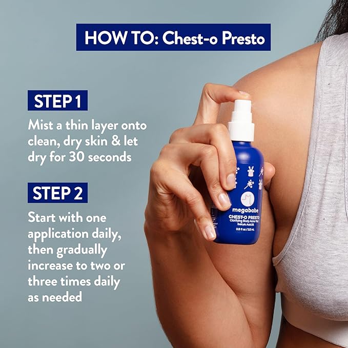 Megababe Chest-o Presto | Clarifying Body Acne Mist | Benzoyl Peroxide Free | 3.8 fl oz-BrightBean Baby