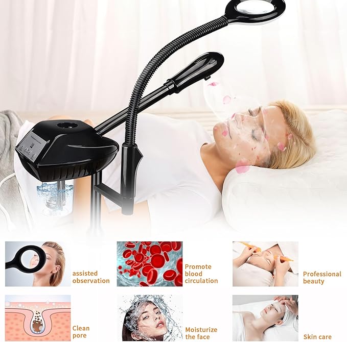Facial Steamer for Ozone Humidifier Atomizer Attach 5× Magnifier and Light, Professional Face Steamer Clean Skin Firming Pores and Moisturizing Suitable for a Beauty, Spa, at Home-BrightBean Baby