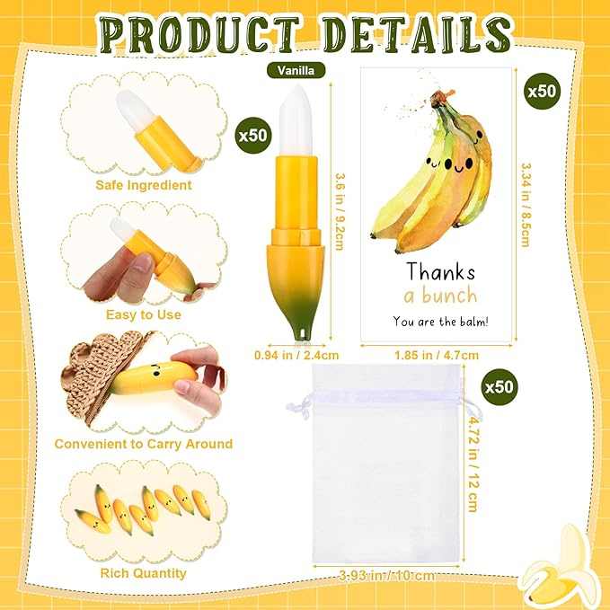 50 Pcs Employee Appreciation Gifts Bulk Banana Lip Balms Staff Appreciation Gift Bulk Lip Balm Gift Set Thank You Gift Lip Care Cream for Coworker Teacher Nurse Women Friend Baby Shower Favors-BrightBean Baby