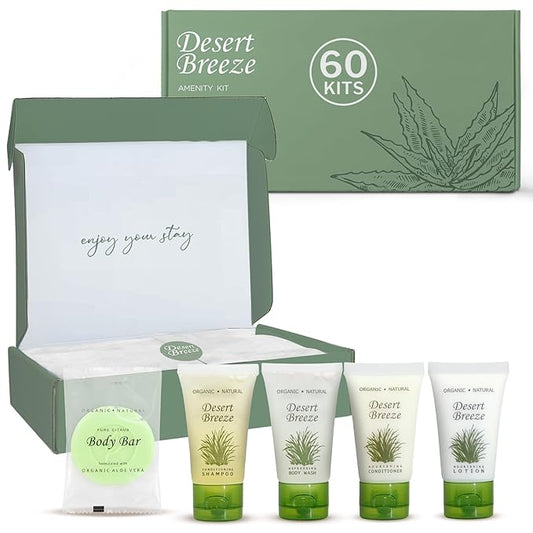 Dessert Breeze Amenity Kit | Boxed Hotel Toiletries | Bulk Set 1oz Travel Size Shampoo, Conditioner, Lotion, Body Wash & Body Bar Soap for Guest Hospitality AirBnB/Vacation Rentals | 60 sets per case-BrightBean Baby