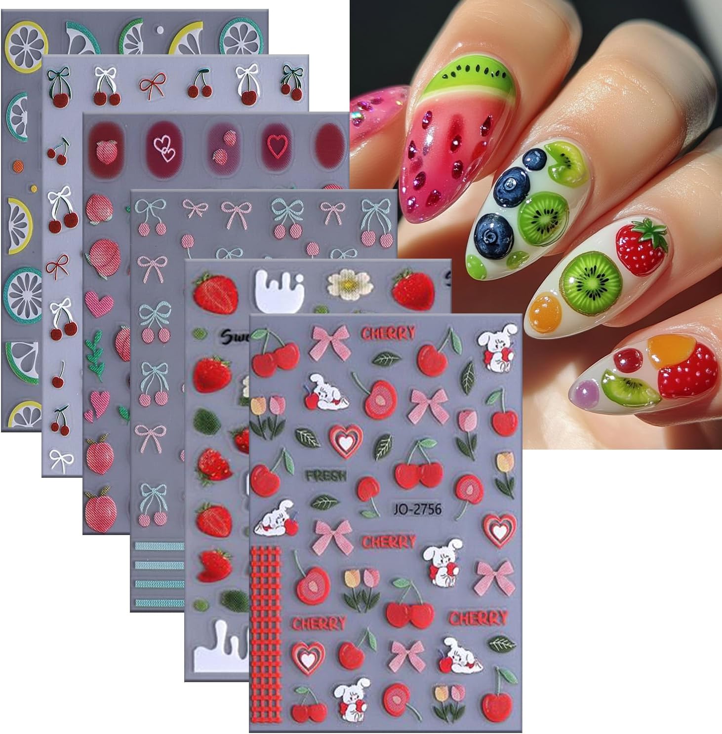 6 Sheets Fruit Nail Art Stickers 3D Self -Adhesive Cherry Strawberry Nail Decals Holographic Lemon Peach Nail Stickers Summer Cute Fruite Nail Decals Decoration for Women DIY Manicure Supplies-BrightBean Baby