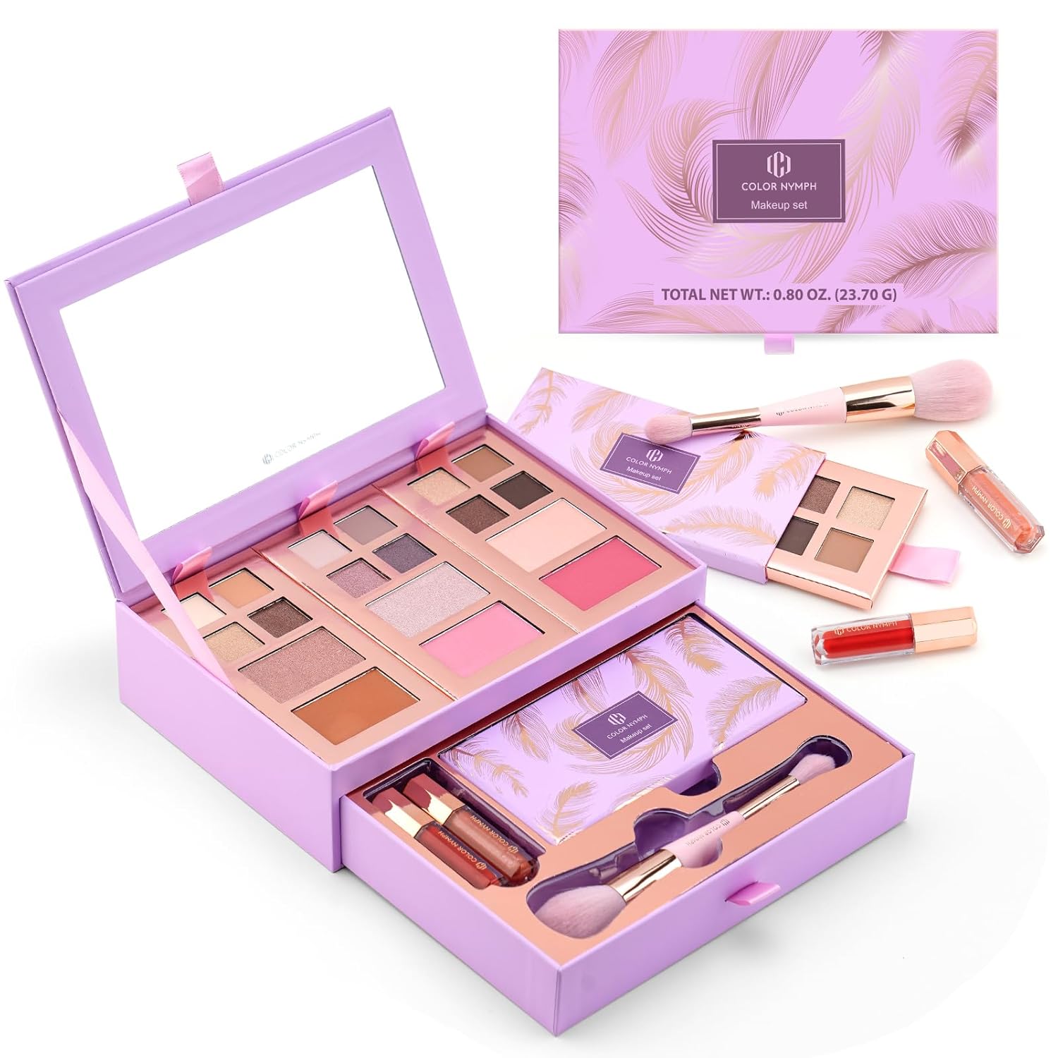 Color Nymph Small Makeup Palette Set for Face | Cosmetics Gift Set for Women & Girls | 12 Colors Eyeshadow, Blush, Highlighter, Contour Powder, Lip Gloss & Brush Kit | Travel-Friendly (Purple)-BrightBean Baby
